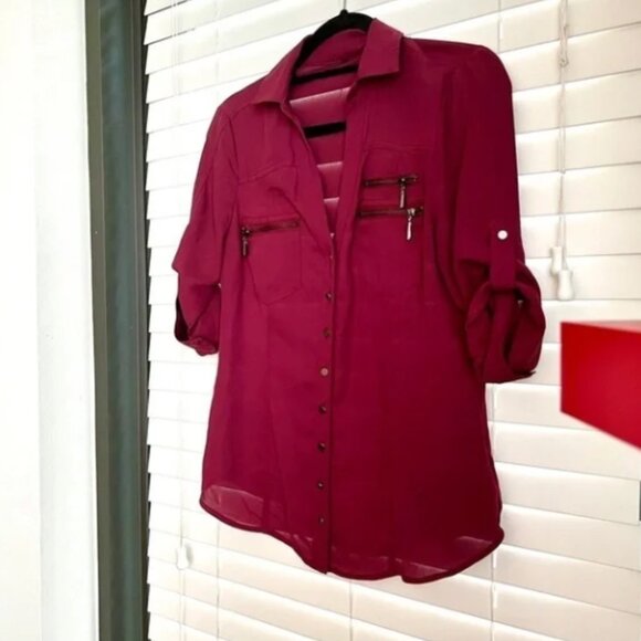 Bebe Burgundy Button Down Zip Pocket 3/4 Sleeve. Sz S 🙋‍♀️🛍😻 - Picture 4 of 15